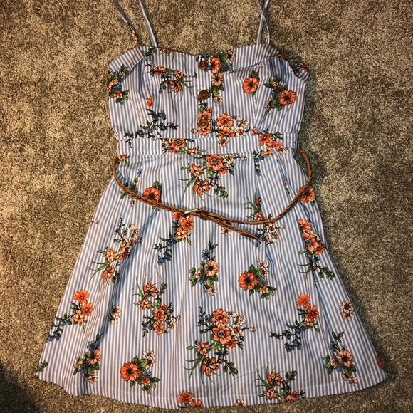 blue and white striped dress with flowers